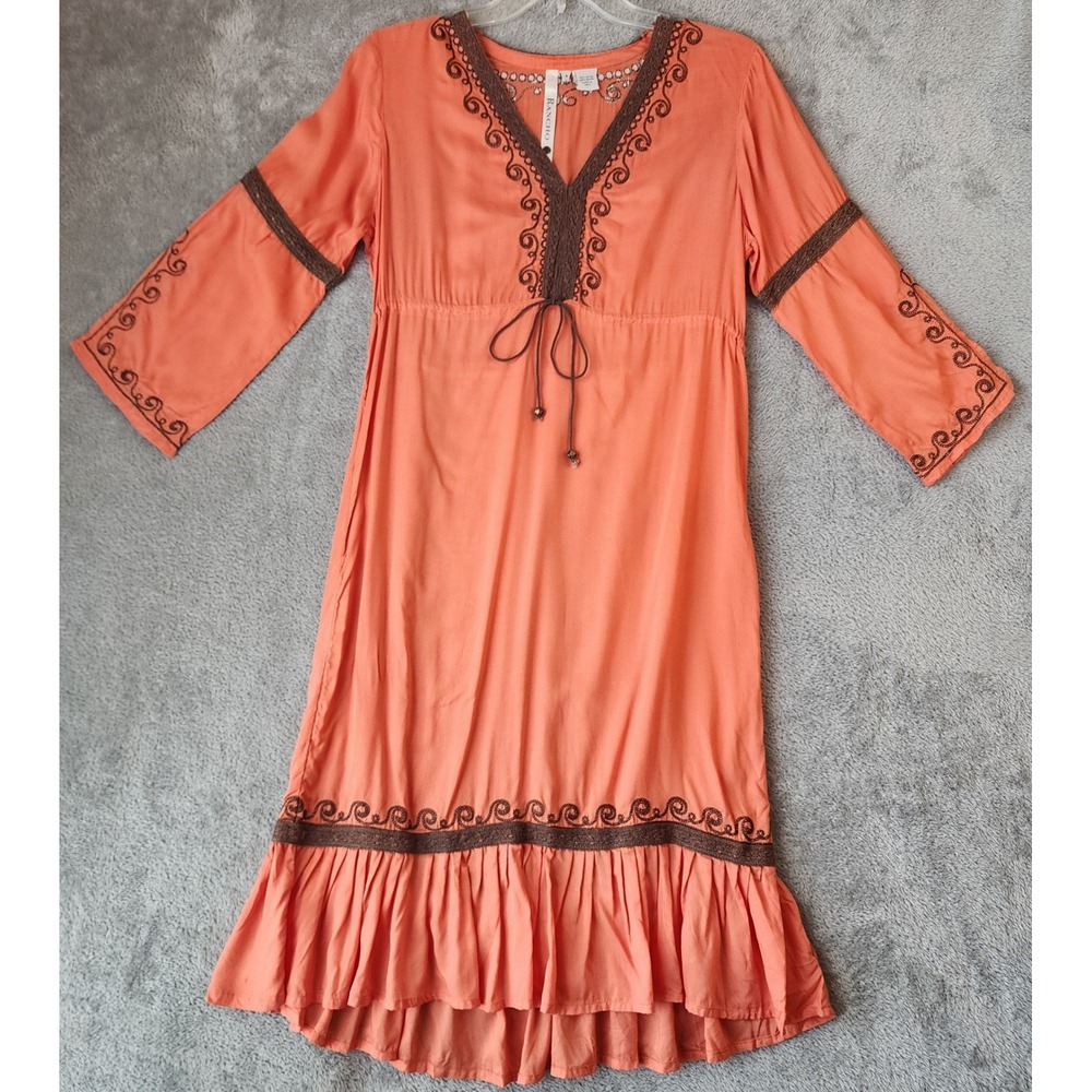 Rancho Estancia Dress Womens Small Orange Embroidered Boho Western Midi